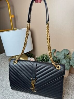 Saint Laurent Black Chevron Quilted Shoulder Bag with Gold Hardware